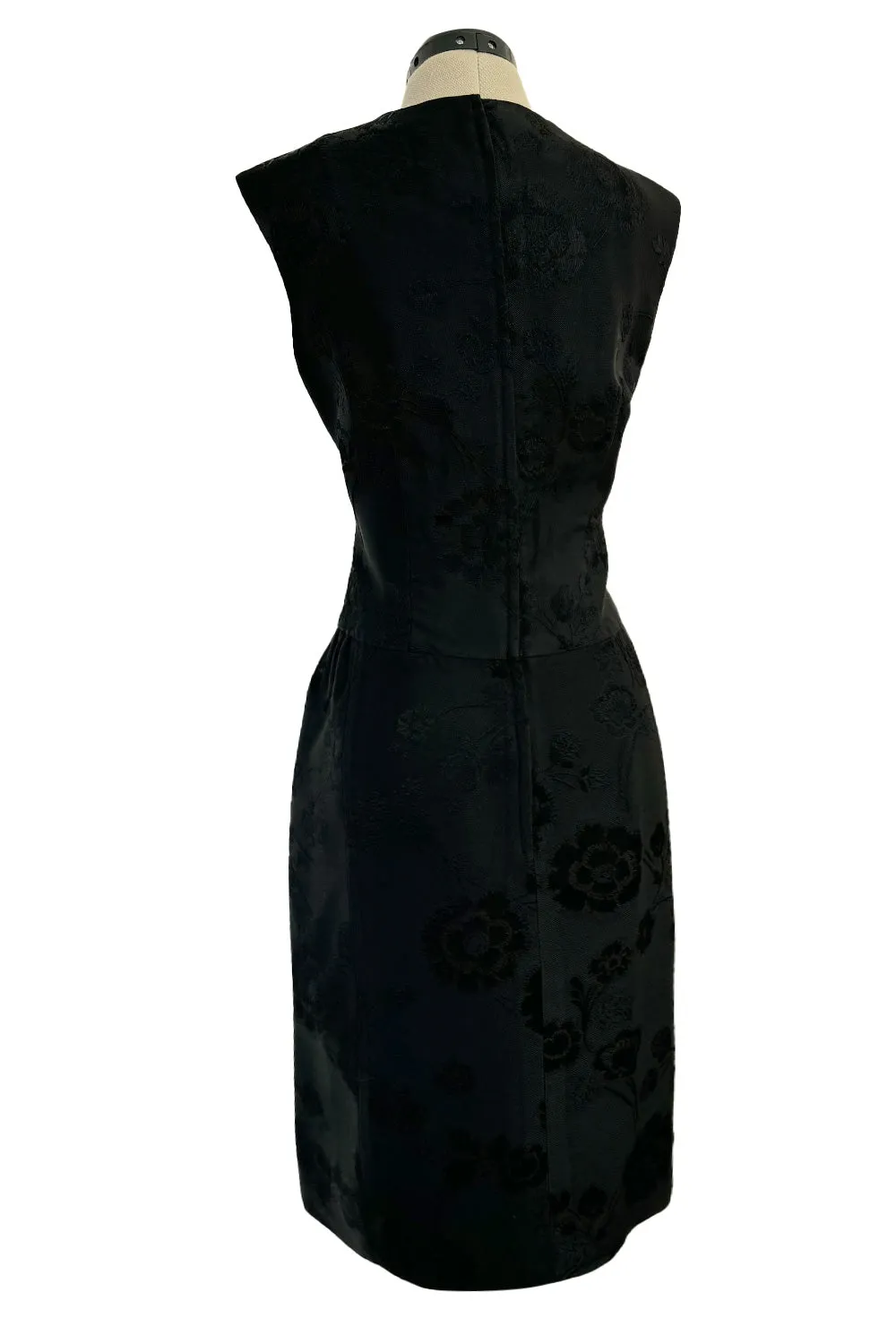 Amazing 1960s Unlabelled Christian Dior by Marc Bohan Black Silk Brocade Shift Dress w Floral Pattern