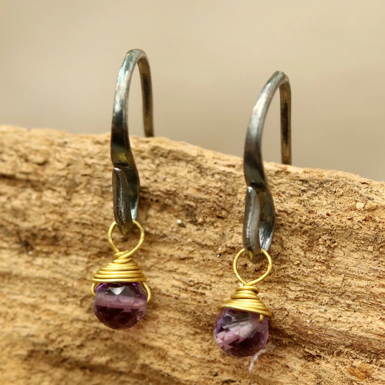 Amethyst faceted bead earrings with oxidized sterling silver hooks