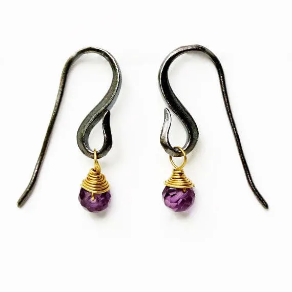 Amethyst faceted bead earrings with oxidized sterling silver hooks