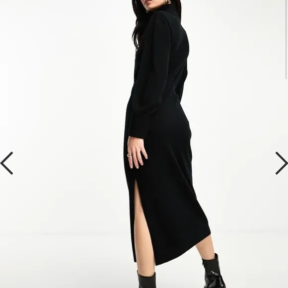 &amp; Other Stories Black Padded Shoulder Knit Wool Midi Dress Size Large