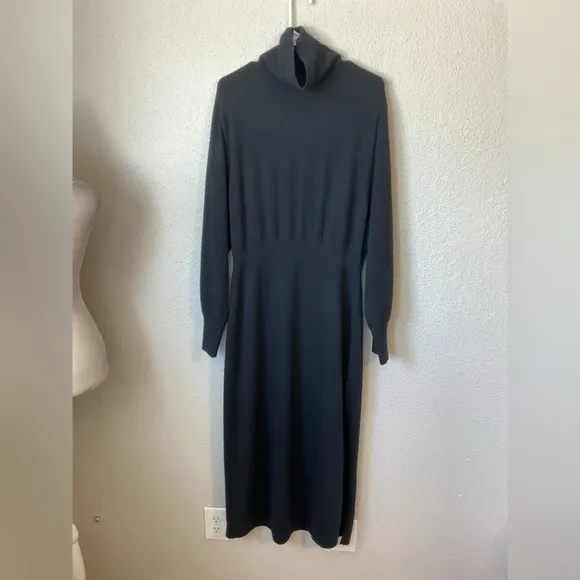 &amp; Other Stories Black Padded Shoulder Knit Wool Midi Dress Size Large