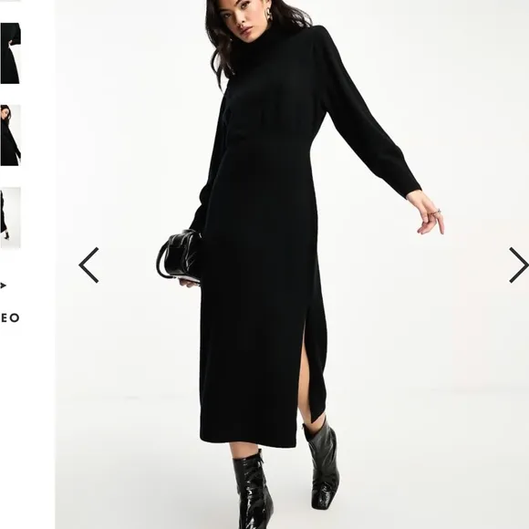 &amp; Other Stories Black Padded Shoulder Knit Wool Midi Dress Size Large