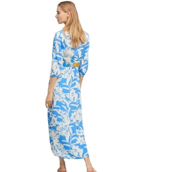 Anthropologie MAEVE Maxi Dress Sz 0 Blue Floral Kimona Boho Fairycore Wedding
