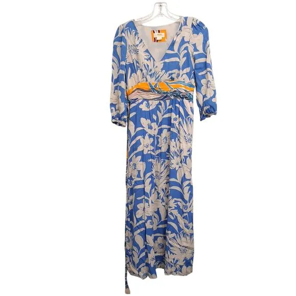 Anthropologie MAEVE Maxi Dress Sz 0 Blue Floral Kimona Boho Fairycore Wedding