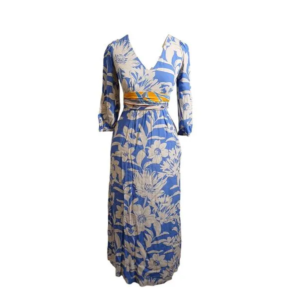 Anthropologie MAEVE Maxi Dress Sz 0 Blue Floral Kimona Boho Fairycore Wedding