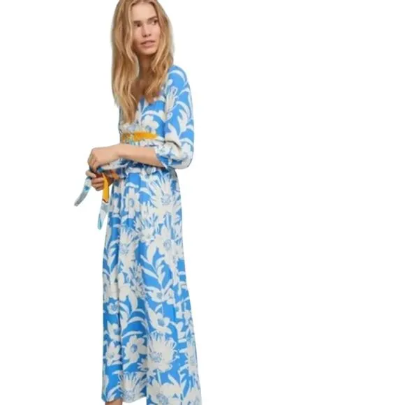 Anthropologie MAEVE Maxi Dress Sz 0 Blue Floral Kimona Boho Fairycore Wedding