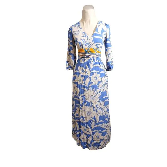 Anthropologie MAEVE Maxi Dress Sz 0 Blue Floral Kimona Boho Fairycore Wedding
