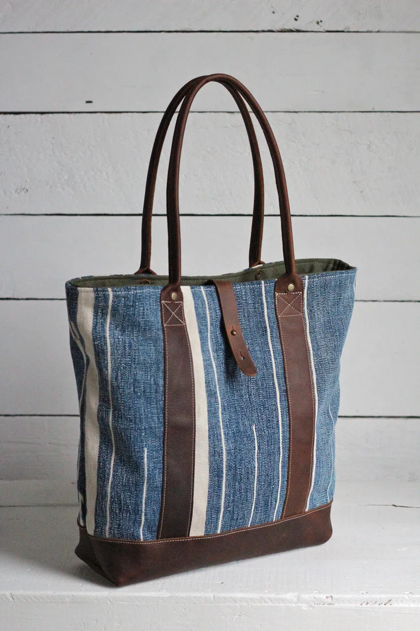 Antique Indigo Dyed Cotton and Leather Carryall