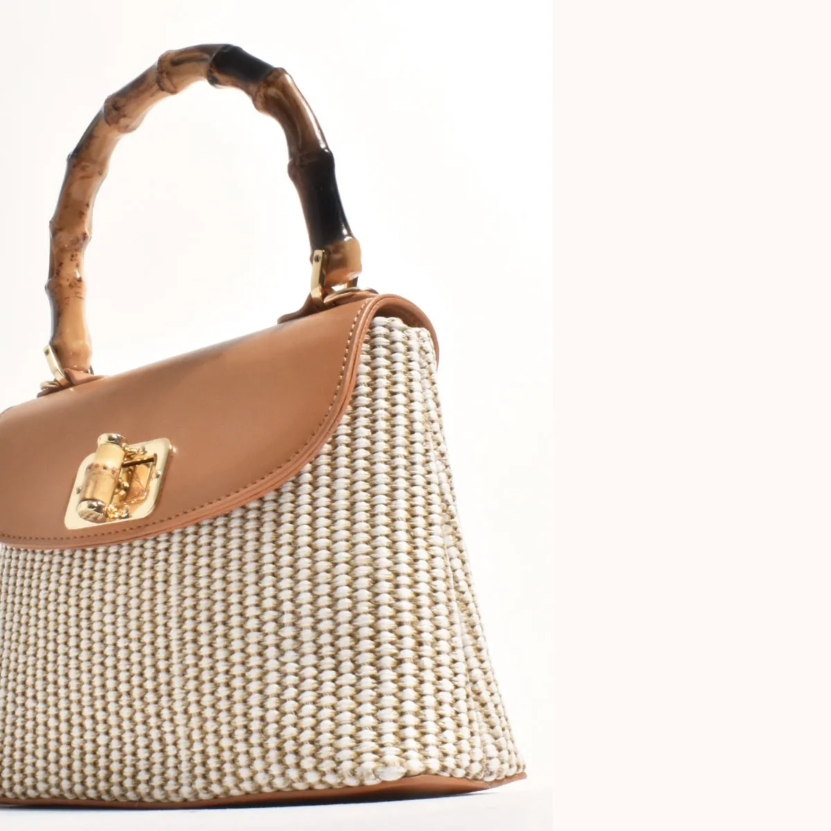 Arianna Woven Bamboo Handle Mini Bag (Camel)