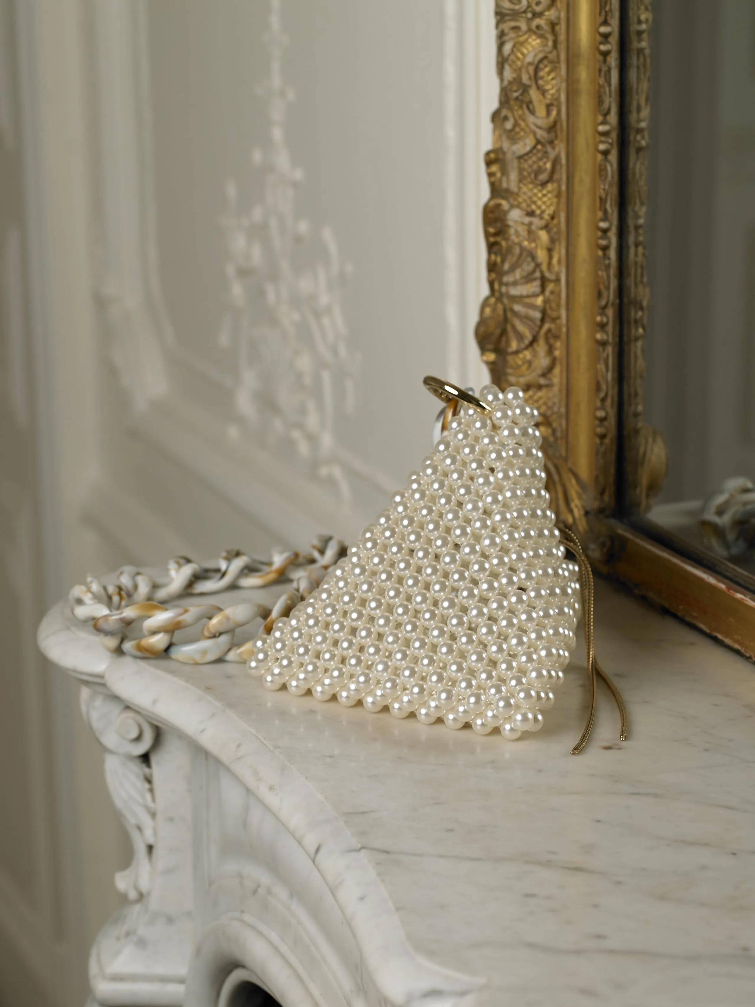 Artisanal Triangular Eruma Pearl Bag - Pearl/Gold