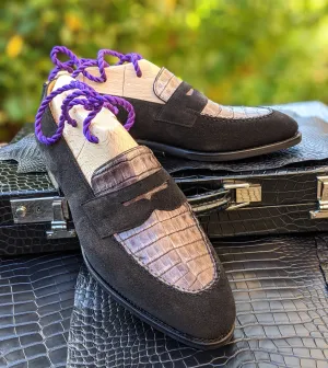 Ascot Sinatra - Black Suede & Silver Caiman Crocodile
