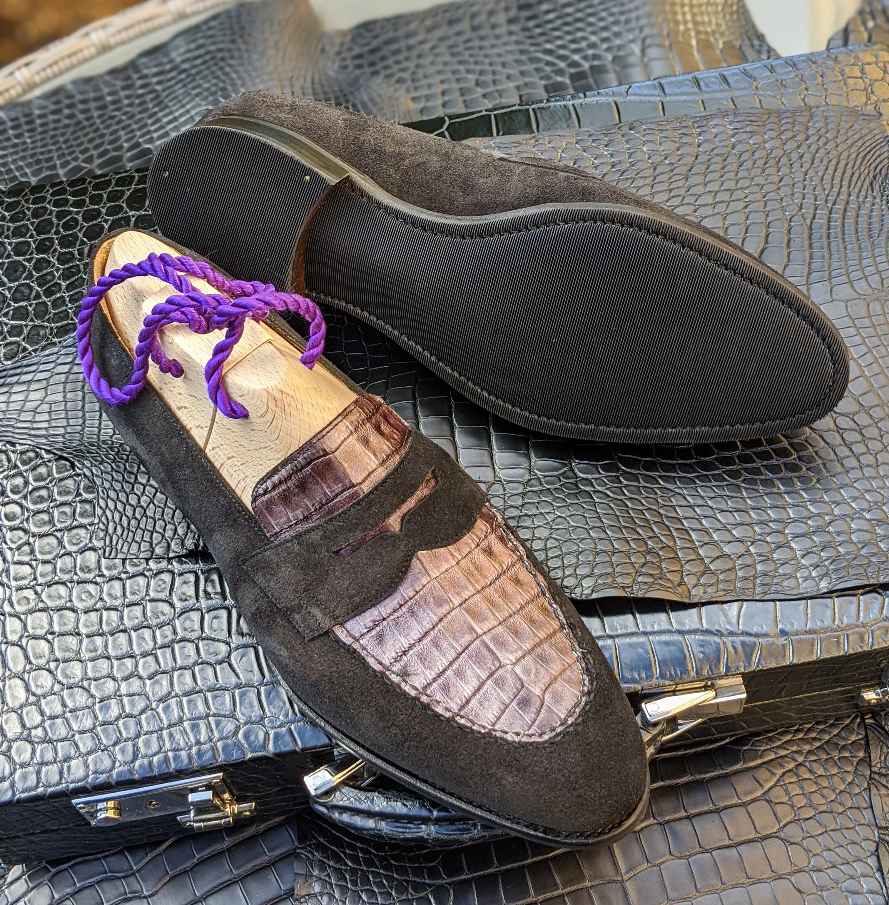Ascot Sinatra - Black Suede & Silver Caiman Crocodile
