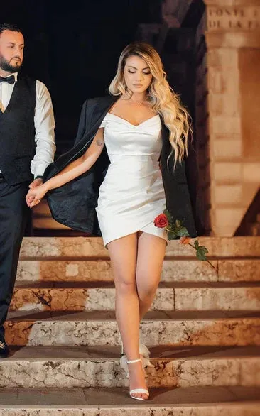 Asteria | Sheath Off-the Shoulder Satin Simple Wedding Dress Sleeveless Short Hemline