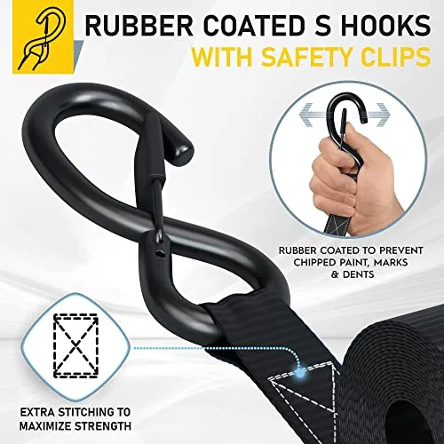 AUGO Ratchet Tie Down Straps –4 PK– 15 FT – 2,200 LB Break Strength – Safety Lock S Hooks –for Moving Cargo, Appliances, Lawn Equipment, Motorcycle – Includes 2 Bungee Cords, 4 Soft Loops, Storage Bag