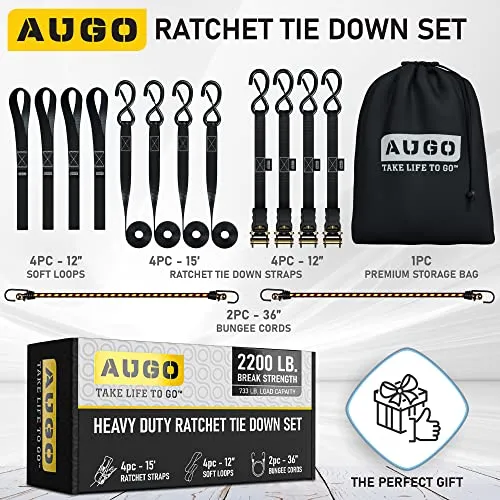 AUGO Ratchet Tie Down Straps –4 PK– 15 FT – 2,200 LB Break Strength – Safety Lock S Hooks –for Moving Cargo, Appliances, Lawn Equipment, Motorcycle – Includes 2 Bungee Cords, 4 Soft Loops, Storage Bag