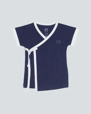 Baby's Night Blue Samurai Organic Tee with Grey contrast trim and inner snaps.