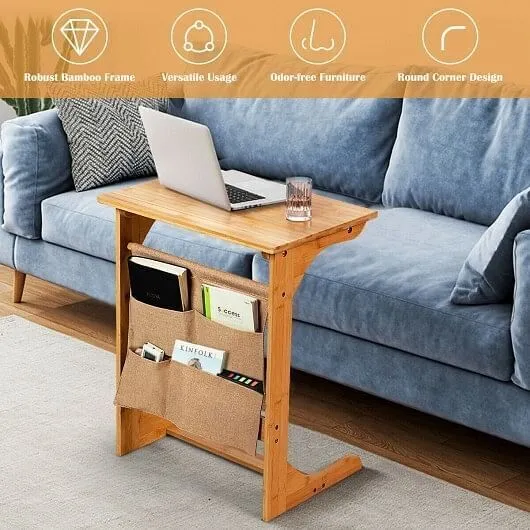 Bamboo Sofa Table End Table Bedside Table with Storage Bag - Color: Natural
