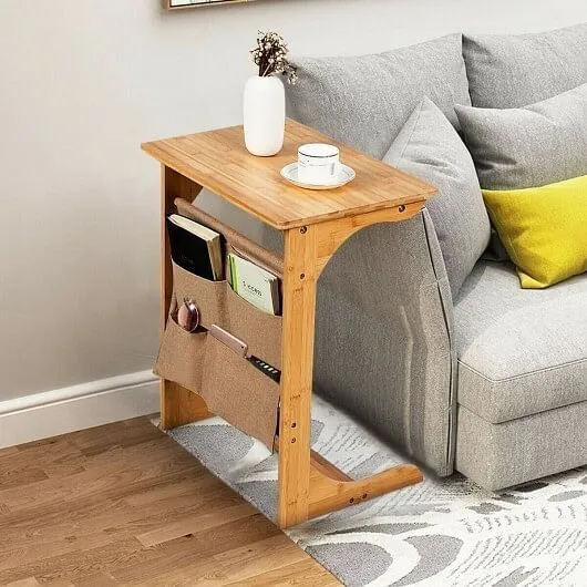 Bamboo Sofa Table End Table Bedside Table with Storage Bag - Color: Natural