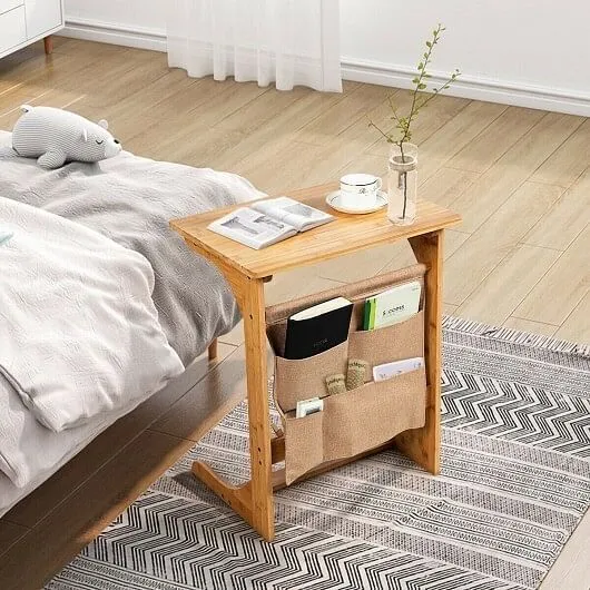 Bamboo Sofa Table End Table Bedside Table with Storage Bag - Color: Natural