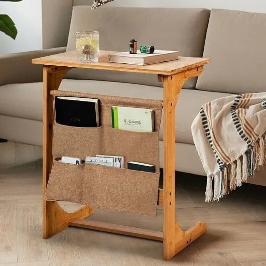 Bamboo Sofa Table End Table Bedside Table with Storage Bag - Color: Natural