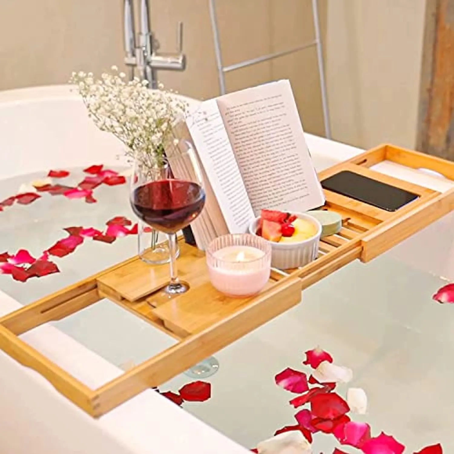Bambüsi Bamboo Bathtub Tray Caddy - Expandable Bath Tub Tray - Adjustable Organizer Tray for Bathroom - Luxury Bath Caddy Tub Table, Bathtub Accessories & Bathroom Gadgets - Unique Gift Idea