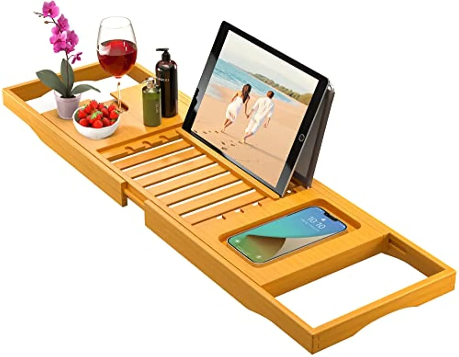 Bambüsi Bamboo Bathtub Tray Caddy - Expandable Bath Tub Tray - Adjustable Organizer Tray for Bathroom - Luxury Bath Caddy Tub Table, Bathtub Accessories & Bathroom Gadgets - Unique Gift Idea