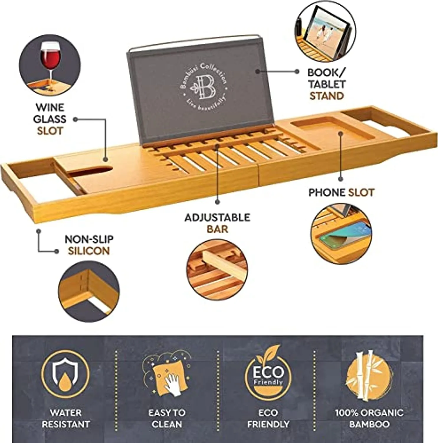 Bambüsi Bamboo Bathtub Tray Caddy - Expandable Bath Tub Tray - Adjustable Organizer Tray for Bathroom - Luxury Bath Caddy Tub Table, Bathtub Accessories & Bathroom Gadgets - Unique Gift Idea