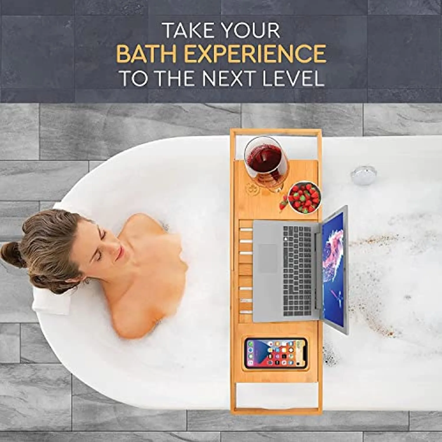 Bambüsi Bamboo Bathtub Tray Caddy - Expandable Bath Tub Tray - Adjustable Organizer Tray for Bathroom - Luxury Bath Caddy Tub Table, Bathtub Accessories & Bathroom Gadgets - Unique Gift Idea