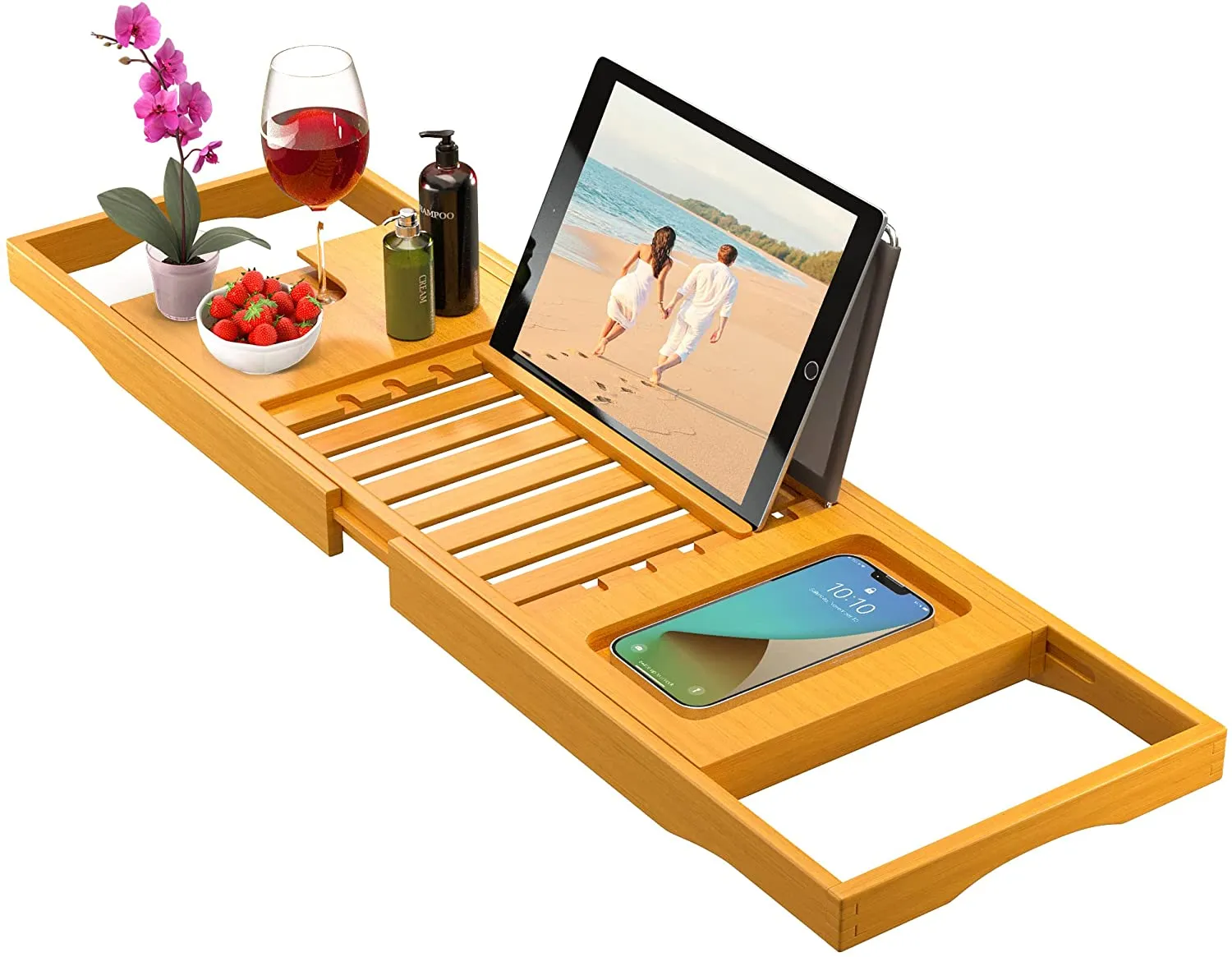 Bambüsi Bamboo Bathtub Tray Caddy - Expandable Bath Tub Tray - Adjustable Organizer Tray for Bathroom - Luxury Bath Caddy Tub Table, Bathtub Accessories & Bathroom Gadgets - Unique Gift Idea