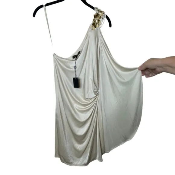 BCBG MAX AZRIA | NWT Off White Y2K Style One Shoulder Embellished Dress | Size M