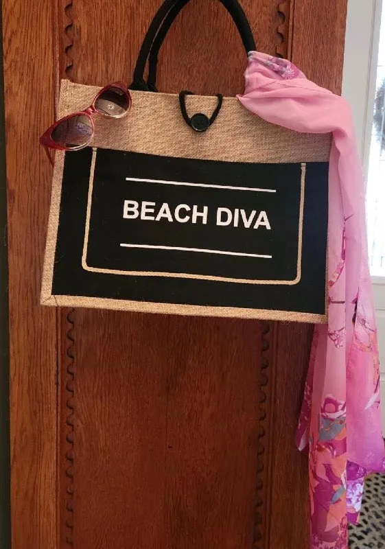 BEACH DIVA BURLAP BEACH BAG