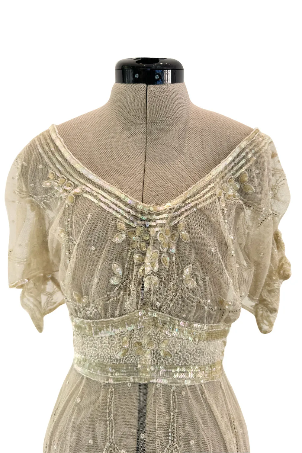 Beautiful 1910 Unlabeled Heirloom Ivory Net Wedding Dress w Elaborate Sequin & Bead Work