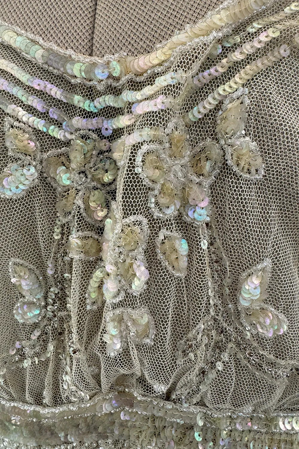 Beautiful 1910 Unlabeled Heirloom Ivory Net Wedding Dress w Elaborate Sequin & Bead Work