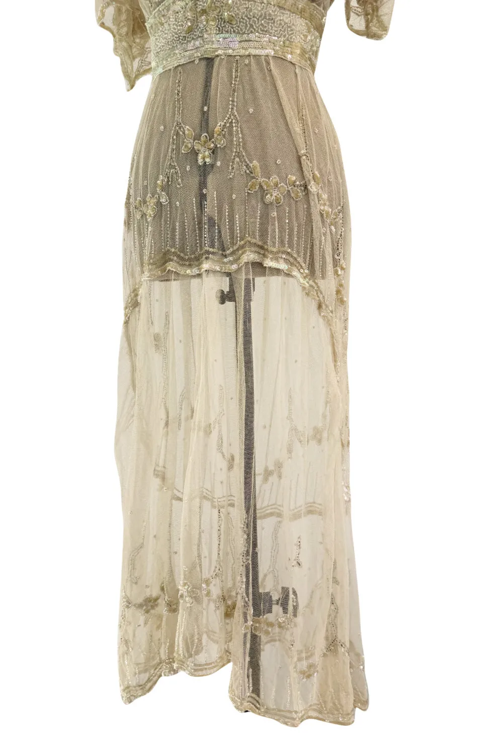 Beautiful 1910 Unlabeled Heirloom Ivory Net Wedding Dress w Elaborate Sequin & Bead Work