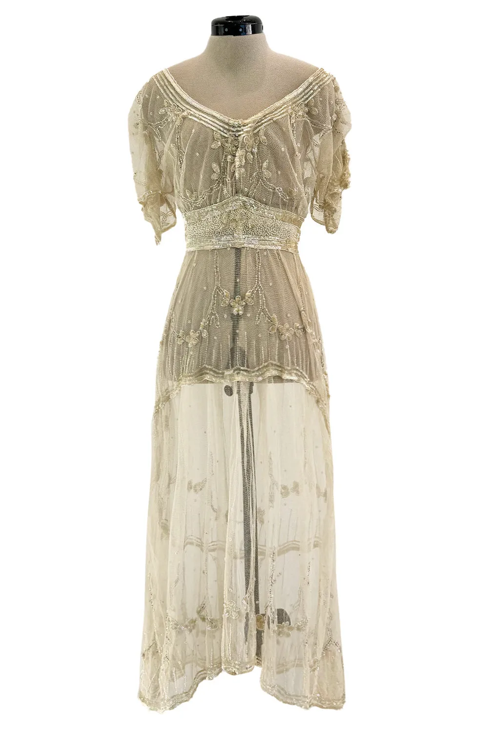 Beautiful 1910 Unlabeled Heirloom Ivory Net Wedding Dress w Elaborate Sequin & Bead Work