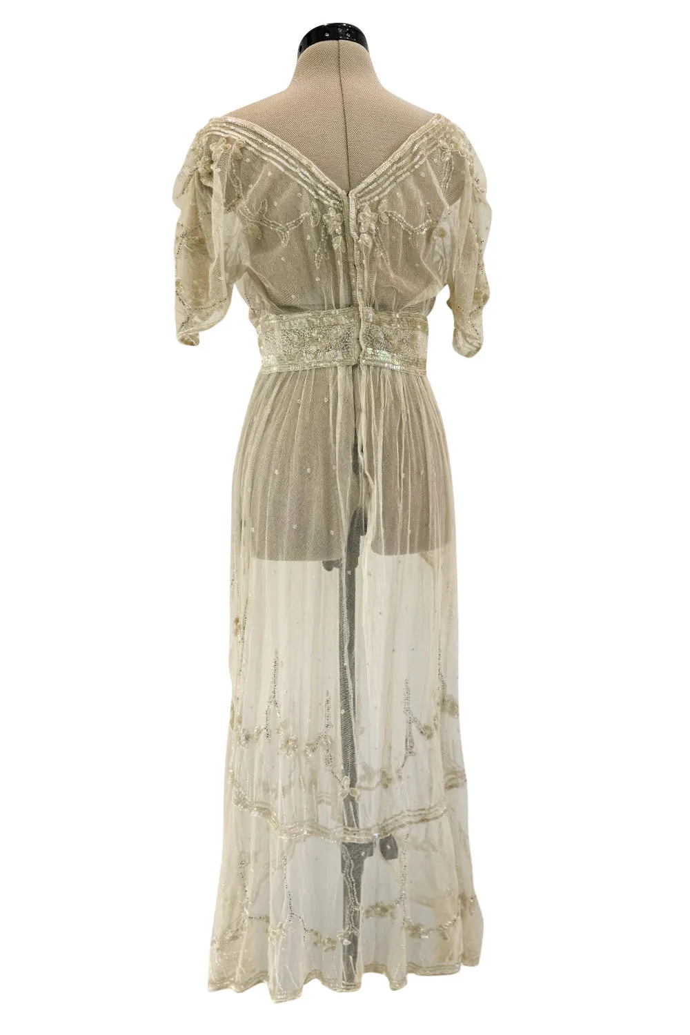 Beautiful 1910 Unlabeled Heirloom Ivory Net Wedding Dress w Elaborate Sequin & Bead Work