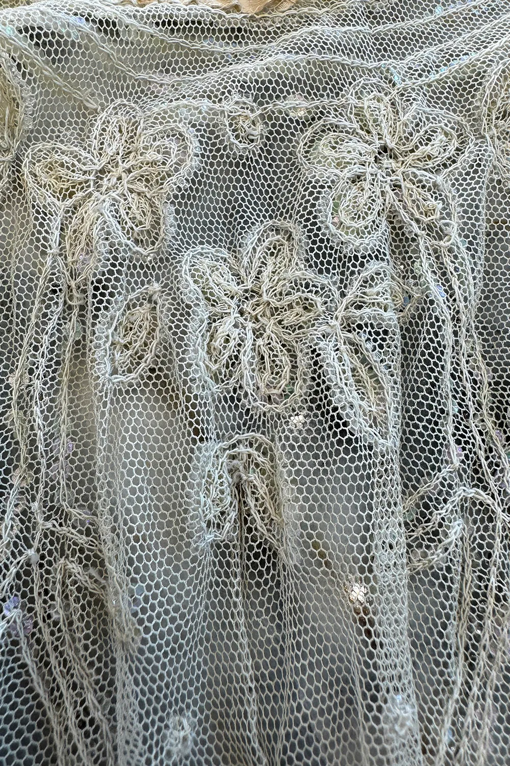 Beautiful 1910 Unlabeled Heirloom Ivory Net Wedding Dress w Elaborate Sequin & Bead Work