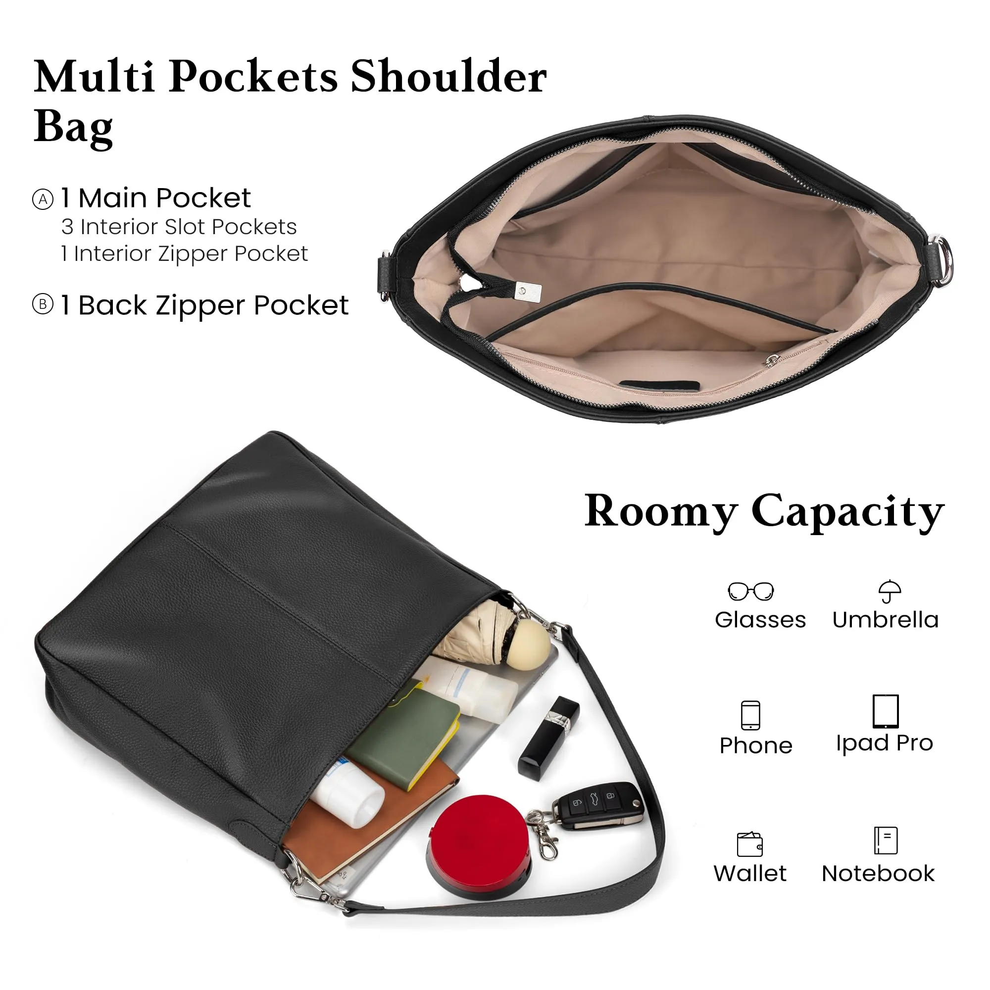 befen Black Genuine Leather Hobo Bags Purses for Women, Women's Shoulder bag Handbags Crossbody Bag with 2 Shoulder Straps