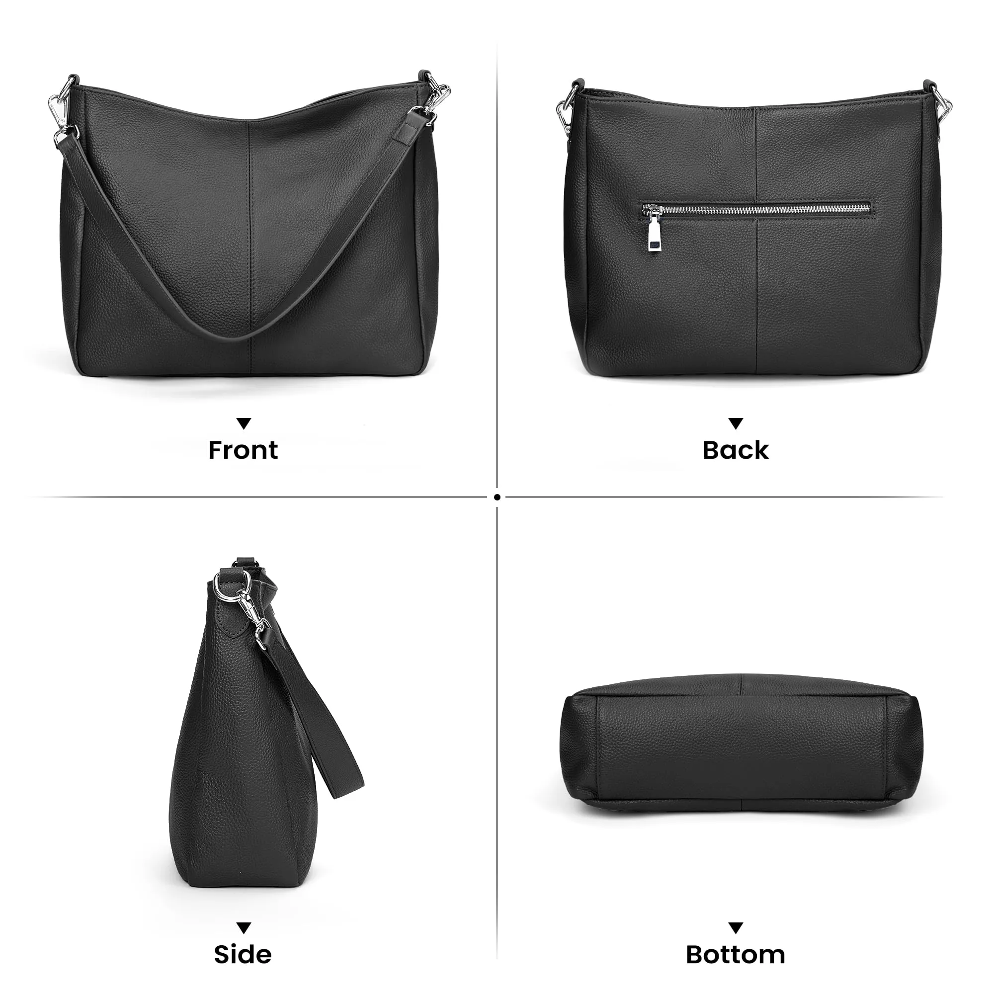 befen Black Genuine Leather Hobo Bags Purses for Women, Women's Shoulder bag Handbags Crossbody Bag with 2 Shoulder Straps