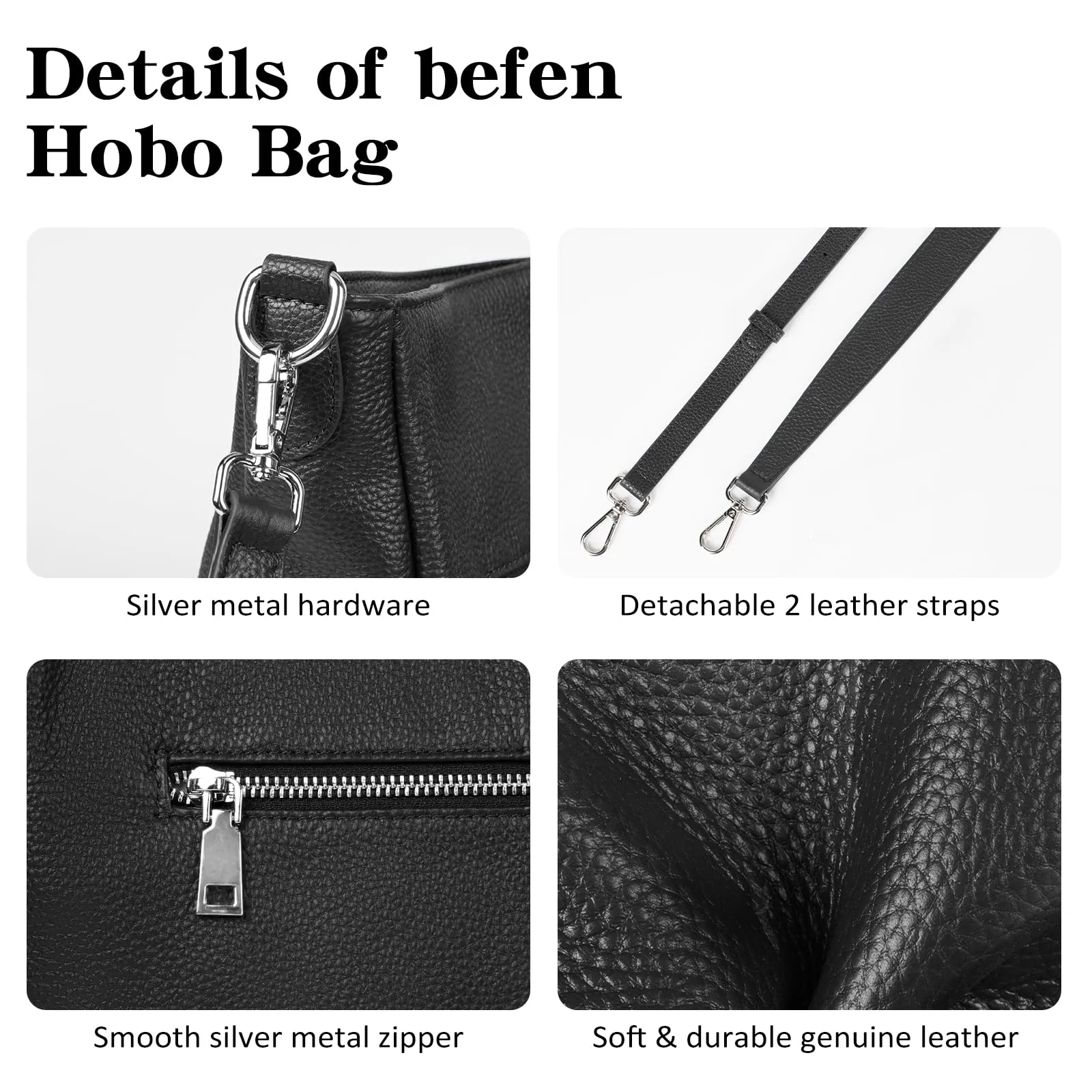 befen Black Genuine Leather Hobo Bags Purses for Women, Women's Shoulder bag Handbags Crossbody Bag with 2 Shoulder Straps