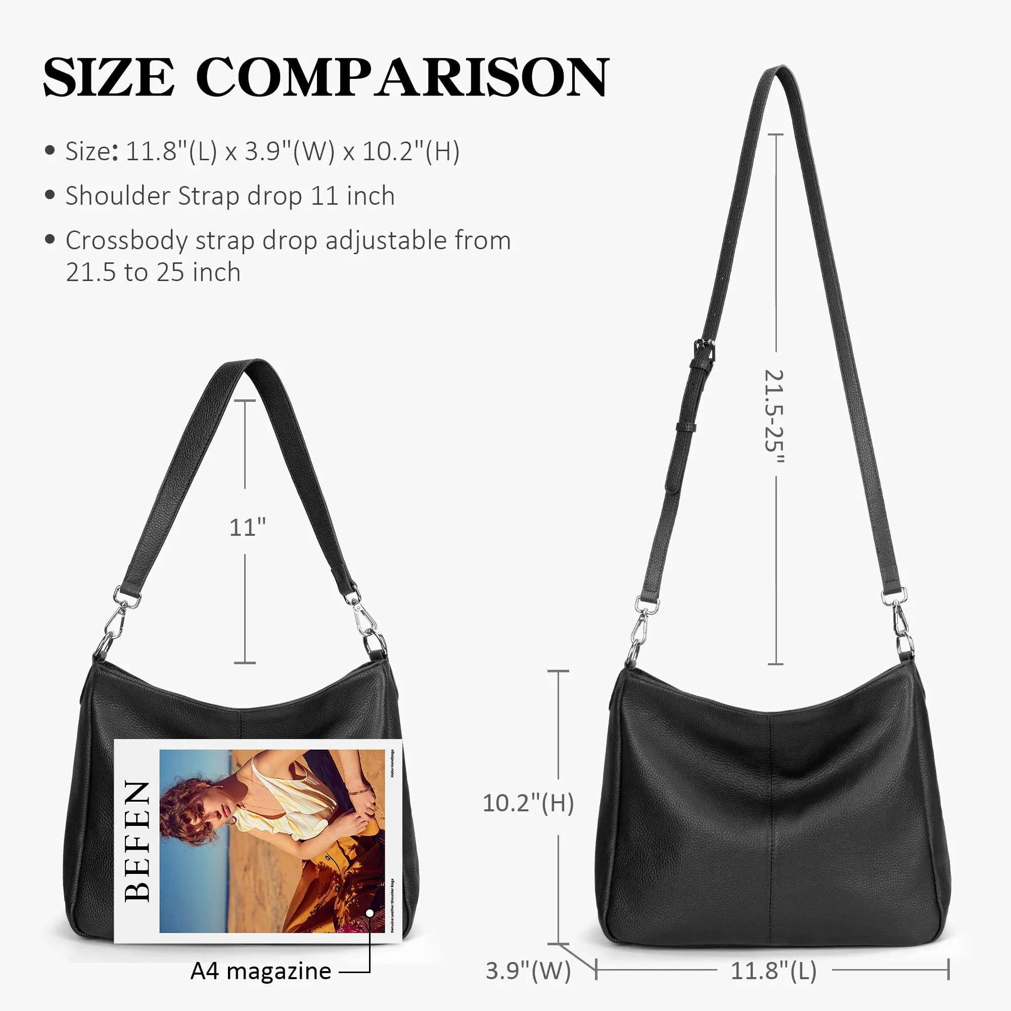 befen Black Genuine Leather Hobo Bags Purses for Women, Women's Shoulder bag Handbags Crossbody Bag with 2 Shoulder Straps
