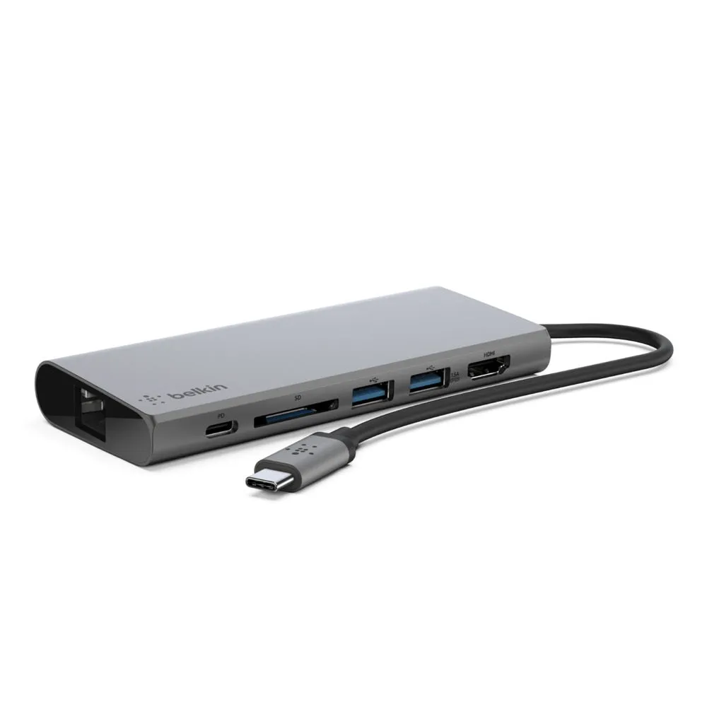 Belkin USB-C Multimedia Hub with 60W Power Delivery - (F4U092btSGY), 1x HDMI 4K, 1x USB-C, 2x USB-A, 1xSD, 1xGB Ethernet, 5Gbps TS, 2 Years Warranty