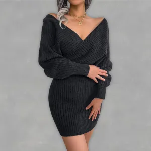 BerryBetty - Women's Cross V-neck bat skirt bag buttock  wool Sweater Dress