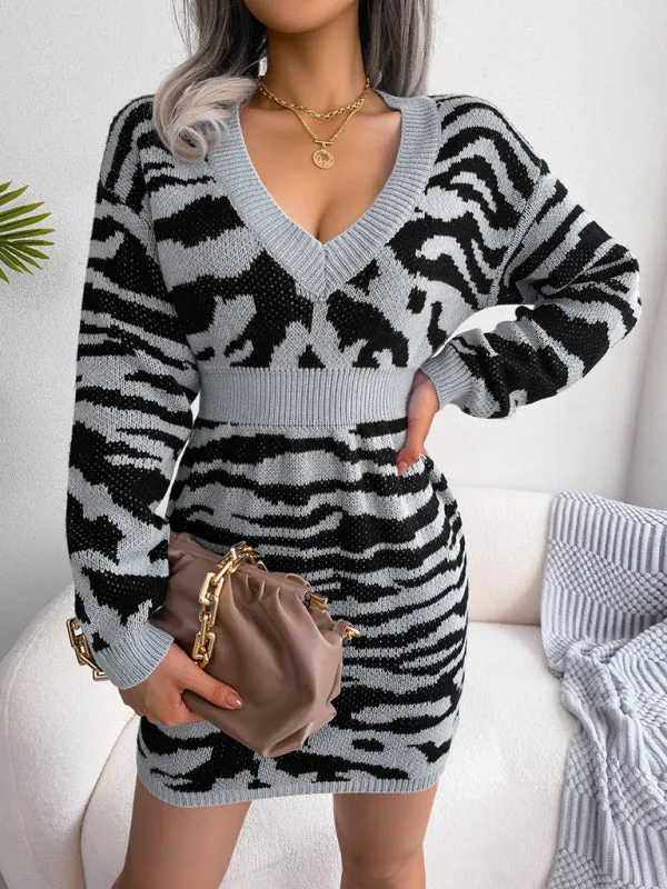 BerryBetty - Women's fashion tiger pattern Lantern Sleeve waist closed wool sweater dress