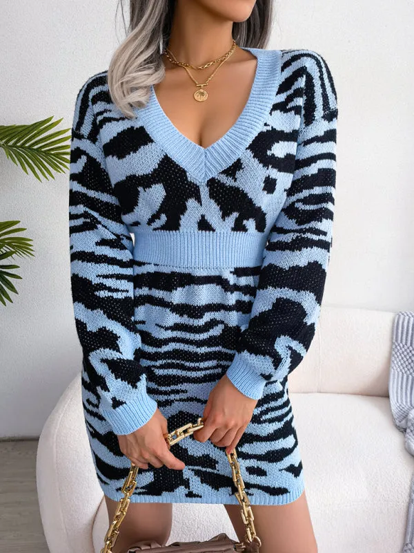 BerryBetty - Women's fashion tiger pattern Lantern Sleeve waist closed wool sweater dress