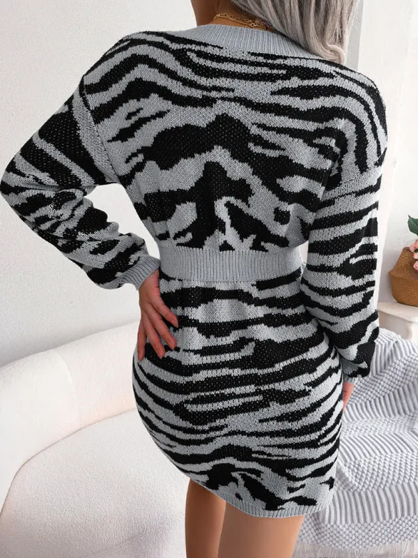 BerryBetty - Women's fashion tiger pattern Lantern Sleeve waist closed wool sweater dress