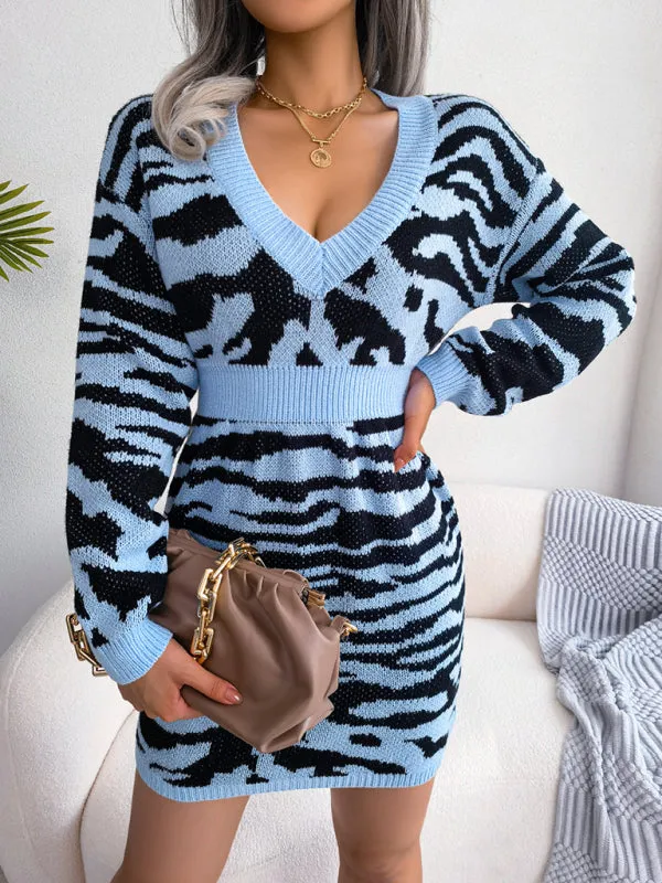BerryBetty - Women's fashion tiger pattern Lantern Sleeve waist closed wool sweater dress