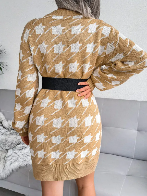BerryBetty - Women's leisure Lantern Sleeve thousand bird lattice knitted wool sweater dress