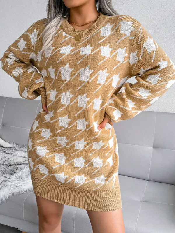 BerryBetty - Women's leisure Lantern Sleeve thousand bird lattice knitted wool sweater dress