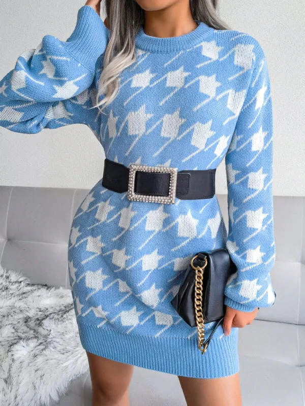 BerryBetty - Women's leisure Lantern Sleeve thousand bird lattice knitted wool sweater dress